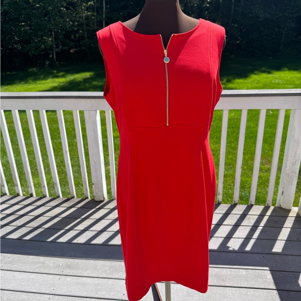 Calvin Klein Vibrant Red Midi Dress with Gold Accent